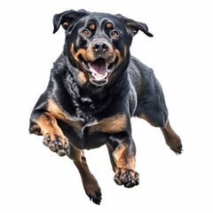 Fototapeta premium Jumping Rottweiler Dog. Isolated on Caucasian, White Background. Generative AI.