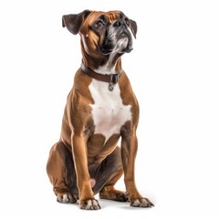 Sitting Boxer Dog. Isolated on Caucasian, White Background. Generative AI.