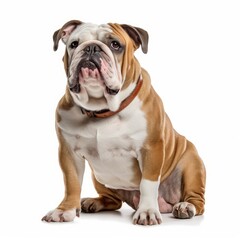 Sitting Bulldog Dog. Isolated on Caucasian, White Background. Generative AI.