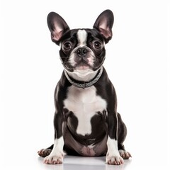 Fototapeta premium Sitting Boston Terrier Dog. Isolated on Caucasian, White Background. Generative AI.