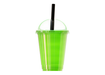 Fototapeta na wymiar 3d green apple juice in a plastic cup with a straw on isolated background. 3d rendering illustration.