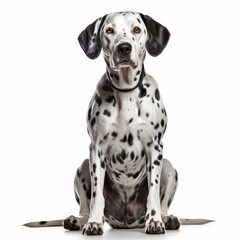 Sitting Dalmatian Dog. Isolated on Caucasian, White Background. Generative AI.