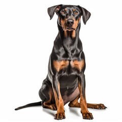 Obraz premium Sitting Doberman Pinscher Dog. Isolated on Caucasian, White Background. Generative AI.