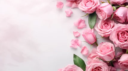 Decorative web banner. Close up of blooming pink roses flowers and petals isolated on white table background. Floral frame composition. Empty space, flat lay. Generative AI © Aram