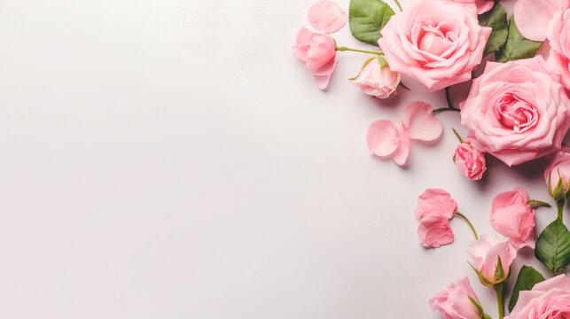 Decorative web banner. Close up of blooming pink roses flowers and petals isolated on white table background. Floral frame composition. Empty space, flat lay. Generative AI