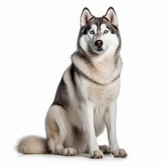 Sitting Siberian Husky Dog. Isolated on Caucasian, White Background. Generative AI.