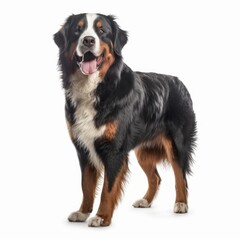 Standing Bernese Mountain Dog. Isolated on Caucasian, White Background. Generative AI.