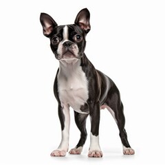 Standing Boston Terrier Dog. Isolated on Caucasian, White Background. Generative AI.