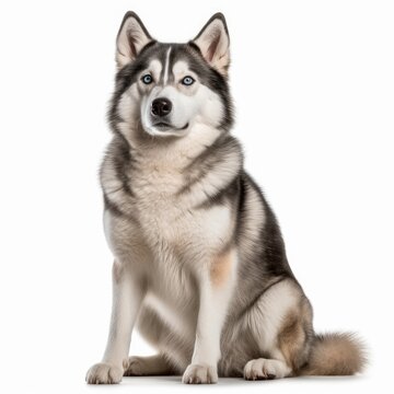Sitting Siberian Husky Dog. Isolated on Caucasian, White Background. Generative AI.
