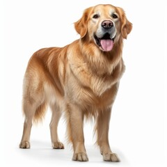 Standing Golden Retriever Dog. Isolated on Caucasian, White Background. Generative AI.