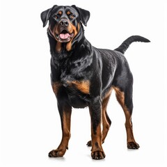 Standing Rottweiler Dog. Isolated on Caucasian, White Background. Generative AI.