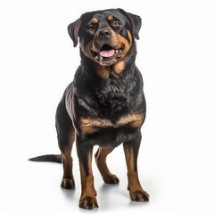 Standing Rottweiler Dog. Isolated on Caucasian, White Background. Generative AI.