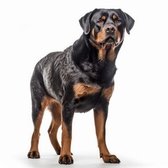 Obraz premium Standing Rottweiler Dog. Isolated on Caucasian, White Background. Generative AI.