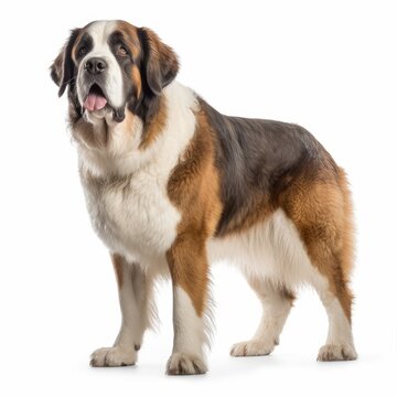 Standing Saint Bernard Dog. Isolated on Caucasian, White Background. Generative AI.