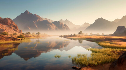 Fototapeta na wymiar Desert mountain and oasis lake with morning sunrise light and misty environment, panoramic mountainous landscape and clear sky background. Generative AI