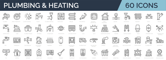 Set of 60 outline icons related to plumbing, heating, ventilation, construction, renovation. Linear icon collection. Editable stroke. VEctor illustration