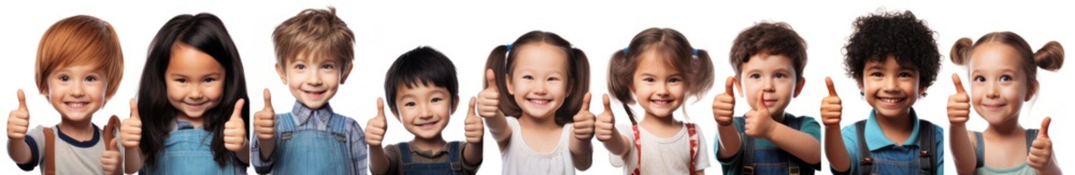 Set of smiling children giving a thumbs up isolated on white background