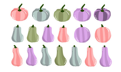 Set of vector cartoon pumpkins of pastel colors