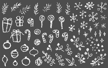 Chalk drawn Christmas set: snowflakes, gift boxes, candies, branches, spruce and bulbs. Vector hand drawn elements isolated on dark gray background.