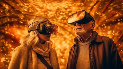 Senior couple in vr headset exploring metaverse world, bright boke background. Generative AI