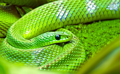 Fototapeta premium wild green snake in natural background created with generative ai technology