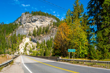The rocky embankments above the Pend Oreille River at the Metaline Falls bridge, in Metaline Falls,...