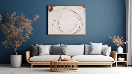 Japandi minimalist living room with frame mockup in white and blue tones. sofa, rattan furniture, and wallpaper. design of a farmhouse interior. Generative AI