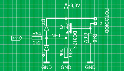 An analog circuit with
electronic components (transistor, resistor,
diode) connected by conductors. Vector diagram of an electrical
schematic of an electronic device on a grid background.
