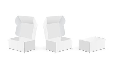 Cardboard Packaging Boxes With Opened and Closed Lid, Isolated on White Background. Vector Illustration