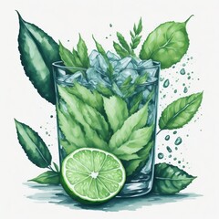 Mojito Cocktail with Mint and Lime. Watercolor Splashes. Alcohol Drink. Generative AI