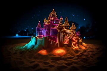 Fototapeta na wymiar sand fortress with neon lights at night time. generative AI illustration.