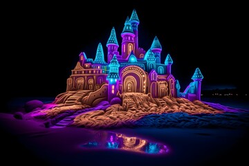sand castle with neon lights at night time. generative AI illustration.