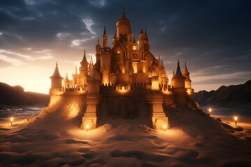 lightened sand castle at sunset. generative AI illustration.