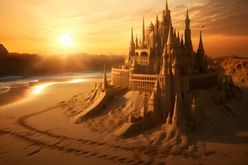 Naklejka premium sand castle at sunset. generative AI illustration.