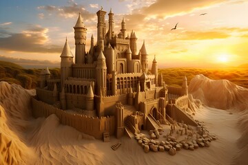 sand castle in the desert at sunset. generative AI illustration.