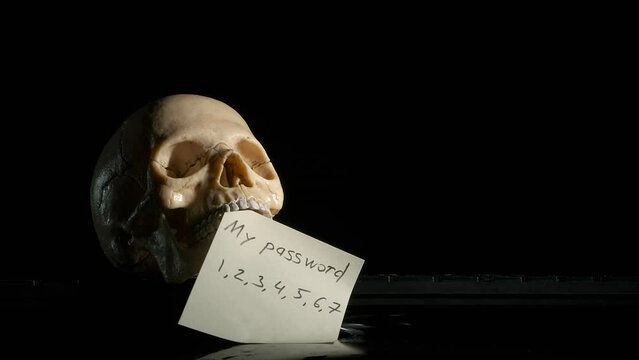 Failed web password by keyboard. A view of keyboard with human skull with paper with password on the black background. A concept of non security website.