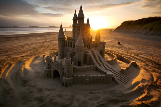 sand castle at sunset. generative AI illustration.