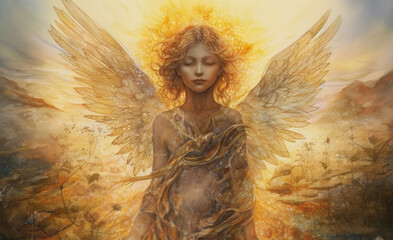 Vision of an angel in a golden light - obrazy, fototapety, plakaty