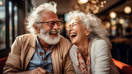 Illustration of Cheerful senior couple laughing and looking at each other in cafe. AI generated Illustration