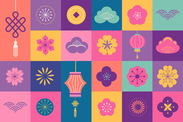 Mid Autumn Festival. Chuseok, Chinese New Year. Mooncakes, flowers and lanterns, background and poster