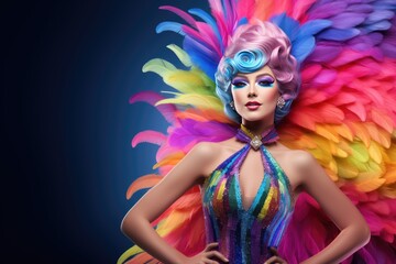 Flapper '20 drag queen in rainbowcolored pride feathers, created with generative ai