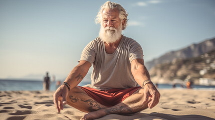 Fototapeta na wymiar Illustration of Senior man meditating on the beach on a sunny day. Senior man doing yoga on the beach. AI generated Illustration