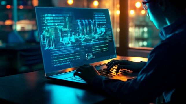 Software development concept. Coding programmer, software engineer working on laptop with javascript computer code on virtual screen, internet of things IoT, digital technology. Generative AI