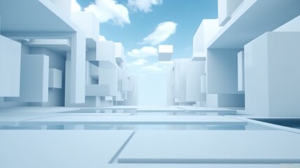 abstract futuristic landscape in geometric white and blue shapes. Generative AI
