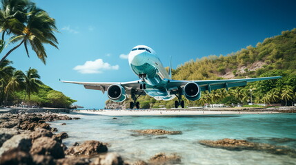 Fototapeta na wymiar Illustration of Airplane on the beach with palm trees and turquoise water. AI generated Illustration