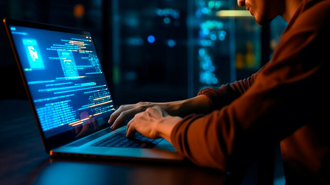 Software development concept. Coding programmer, software engineer working on laptop with javascript computer code on virtual screen, internet of things IoT, digital technology. Generative AI
