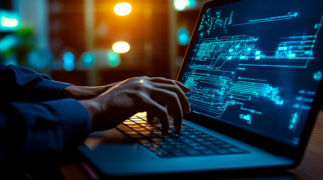 Software development concept. Coding programmer, software engineer working on laptop with javascript computer code on virtual screen, internet of things IoT, digital technology. Generative AI