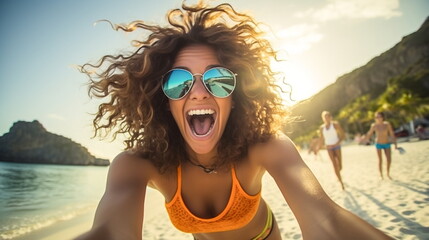 Illustration of Happy young woman taking a selfie on the beach. Summer vacation concept. AI generated Illustration