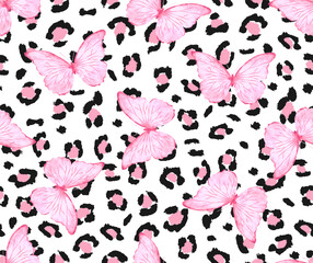 Pink butterflies on pink leopard print, seamless design for fashion, fabric, cover and wallpaper prints