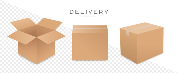 Cardboard box mockup set. Carton delivery packaging opened and closed boxes. Vector illustration EPS10